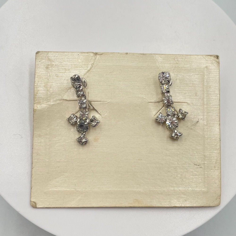 Vintage Rhinestone Cross Dangle Earrings Silver Tone Screw Back Gothic Retro